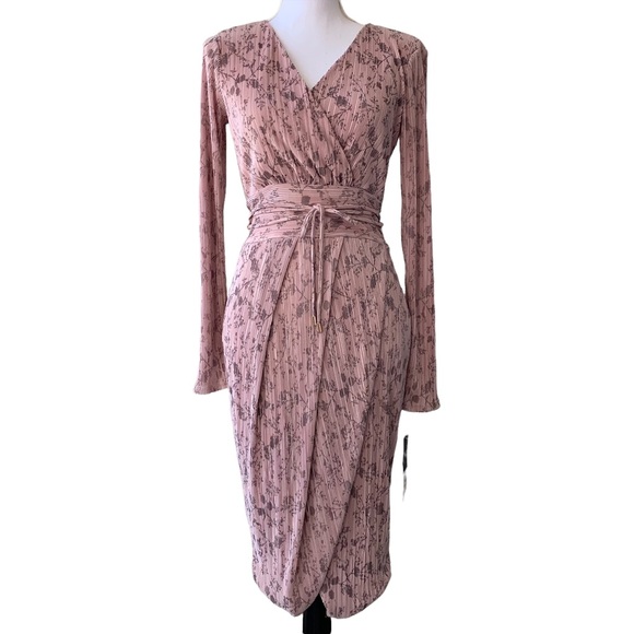 RACHEL ROY SILVIA PINK PLEATED FAUX WRAP MIDI DRESS NWT - Picture 2 of 16